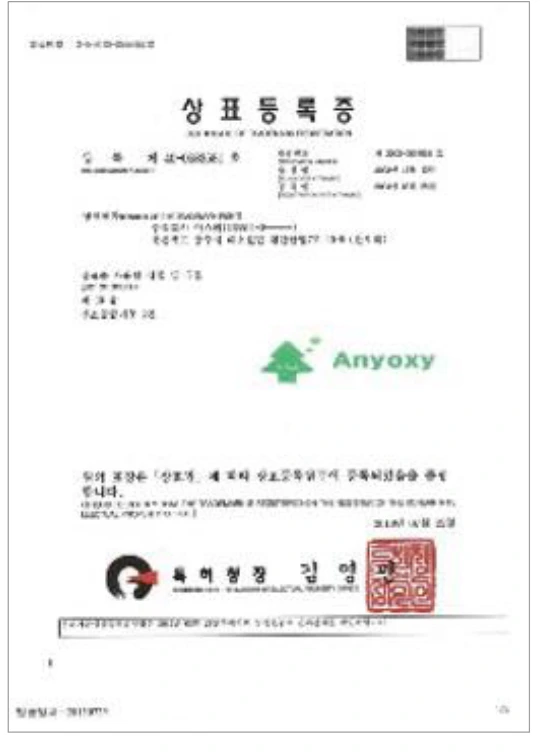 ANYOXY 상표등록증