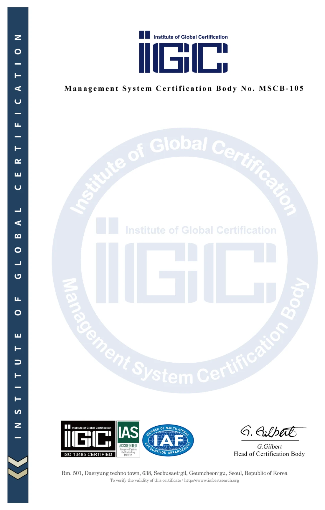 ISO 13485:2016 Medical Devices Quality Management System Certificate